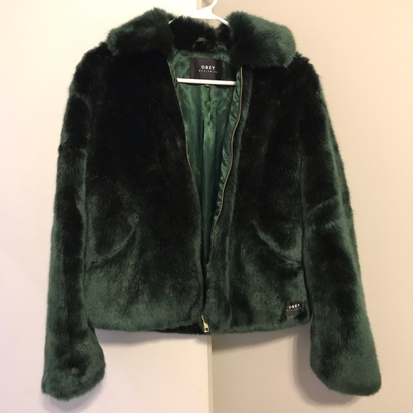 Obey faux fur green jacket size small NWOT - Picture 3 of 5